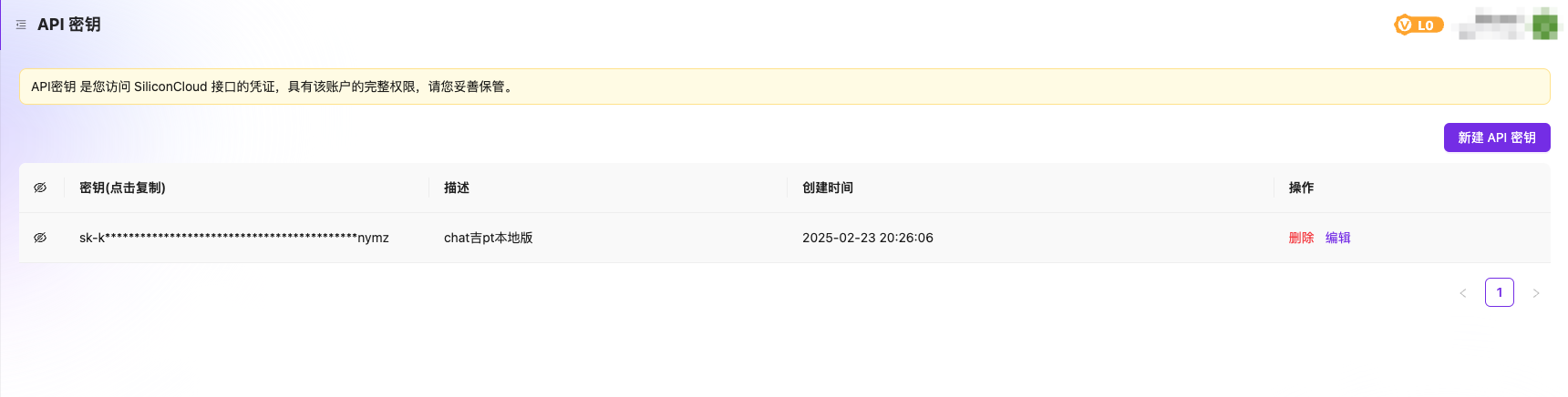 API 密钥生成界面